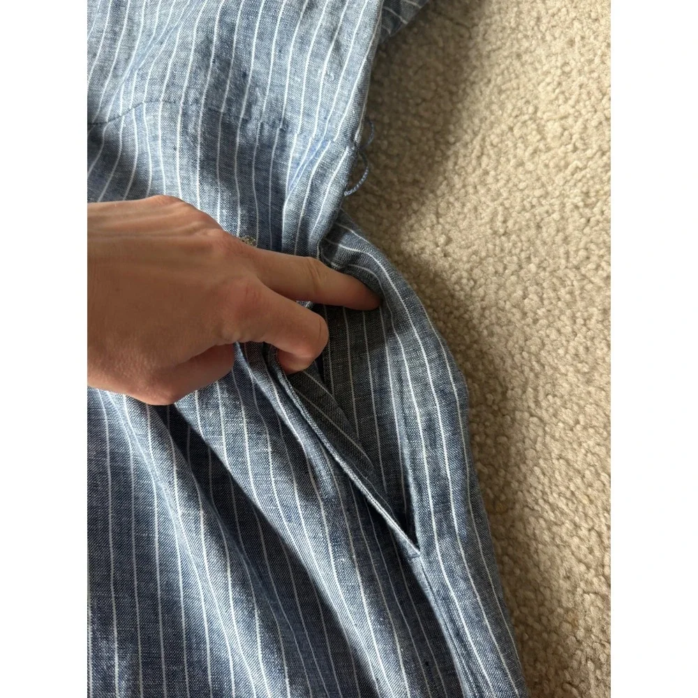 Quince Jumpsuit NO BELT European Linen Square Neck Blue Chambray Stripe Large